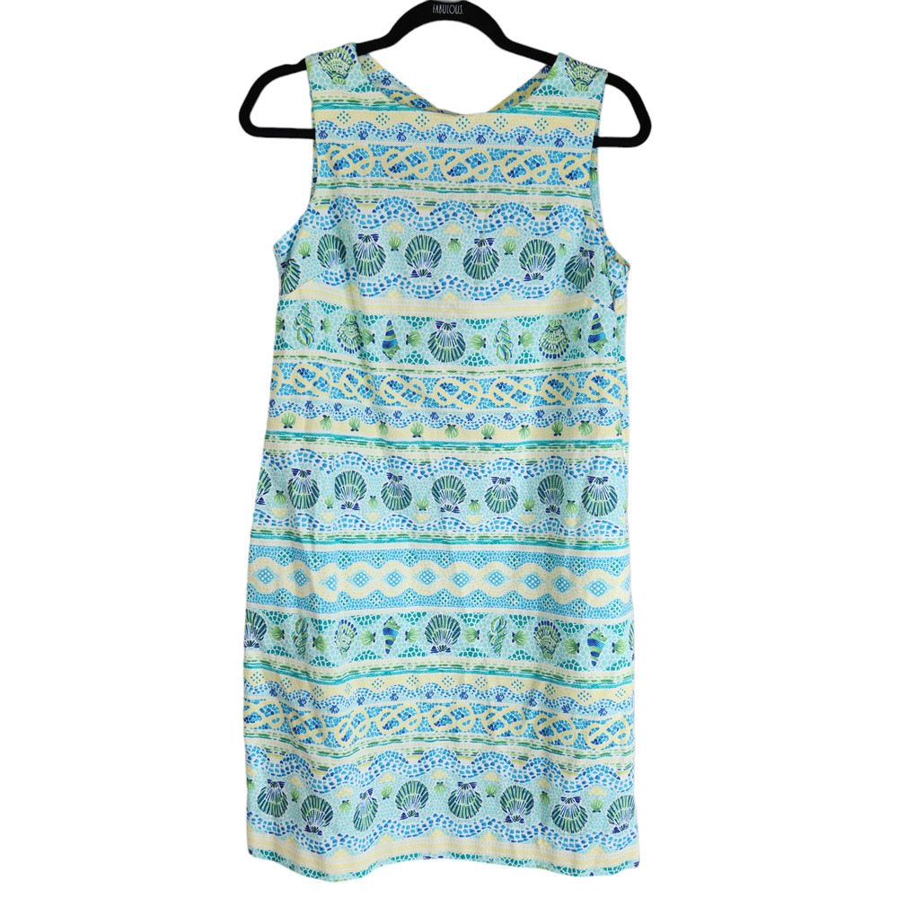Talbots Womens Sheath Dress Size 6P Petites Blue Yellow Summer Beach Sea Shells
